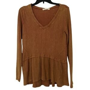 Guilded Intent Buckle Cotton Blend Brown Waffle Knit V Neck Peplum Hem Top New S